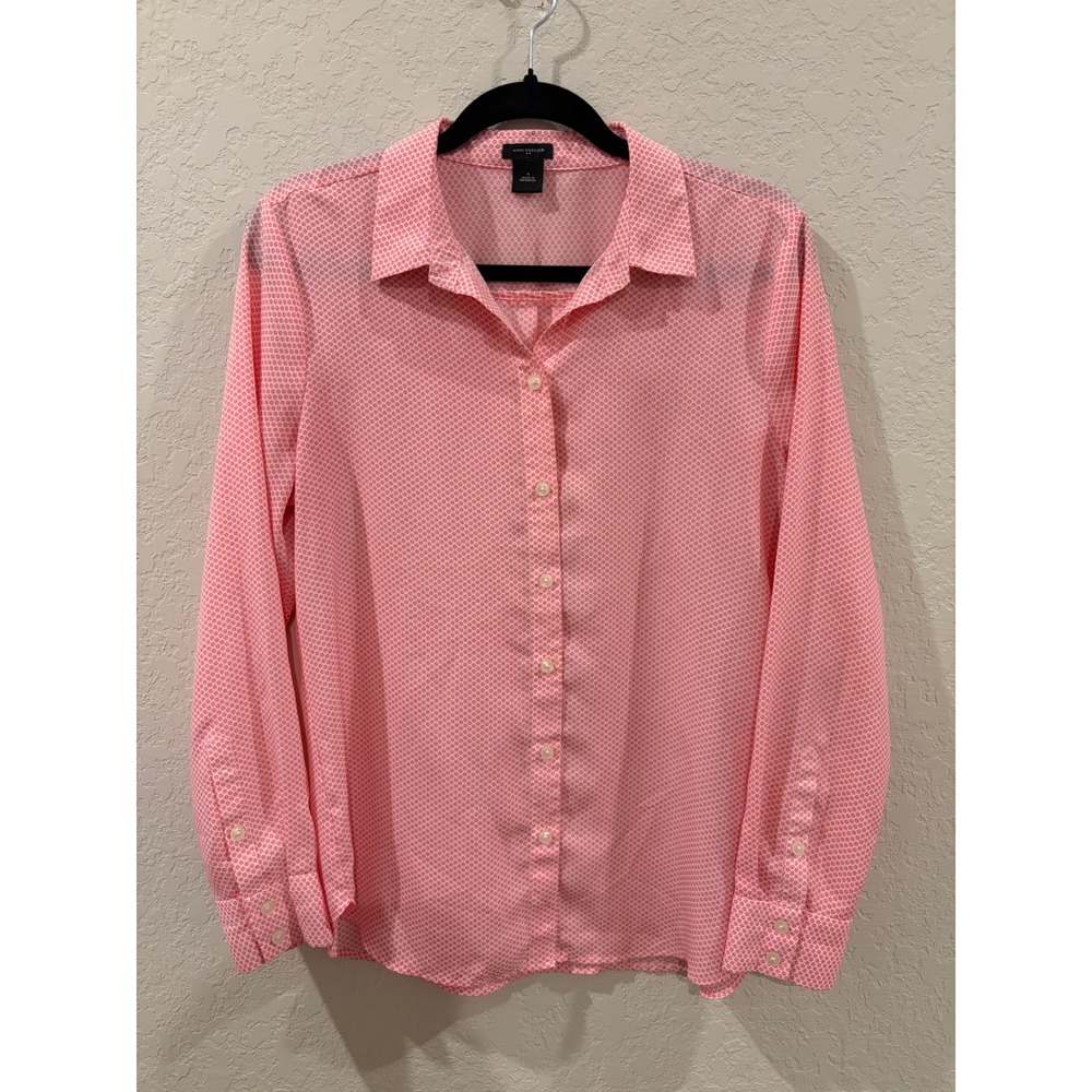 Ann Taylor Pink White Geometric Honeycomb Button Down Blouse Long Sleeve Size 4